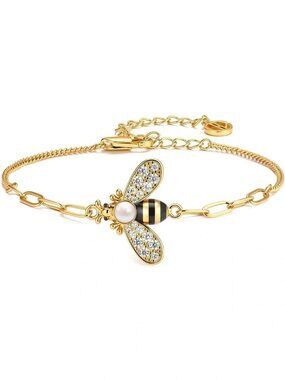 Anthropologie Gold Bee Bracelet with Pearl and Crystal Wings